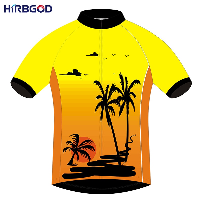 HIRBGOD 2016 새로운 브랜드 디자인 남성 노란색 비치 코코넛 나무 새 자전거 사이클링 저지 셔츠 착용 중국어 고전 mtb 최고, EZ006
